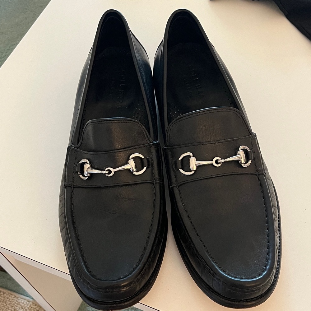 Cole Haan Black Leather Slip-On Loafers with Silver Detail 10 1/2M